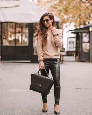 Beige sweater and leather pants