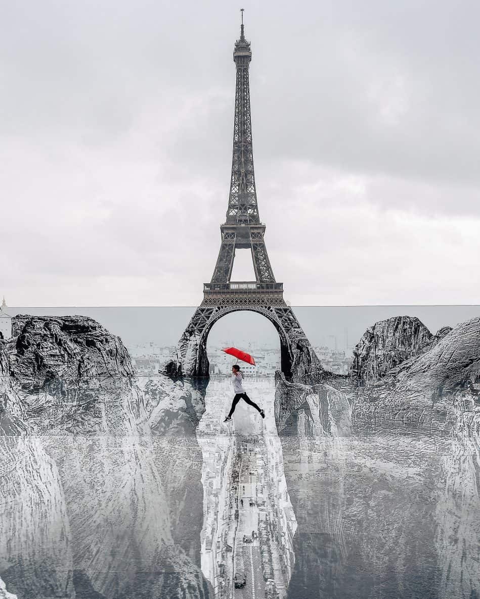 Jumping over French Street Artist JR Eiffel Tower Design