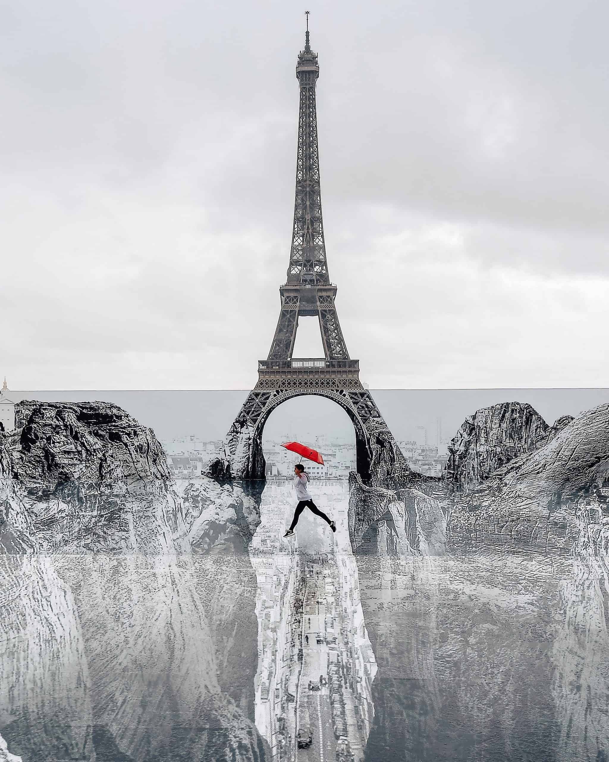 Jumping over French Street Artist JR Eiffel Tower Design • Petite in Paris