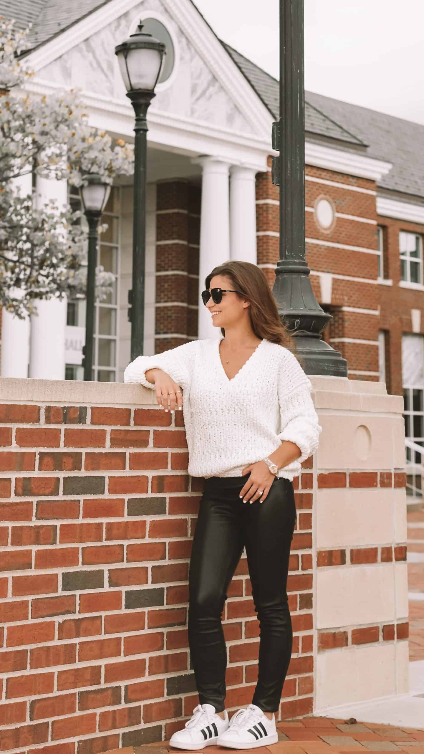 Leather Pants and White Chunky Sweater