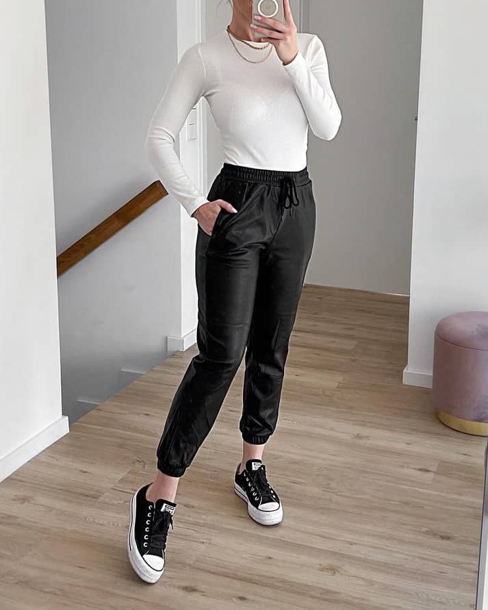 Leather Pants and White Sweater