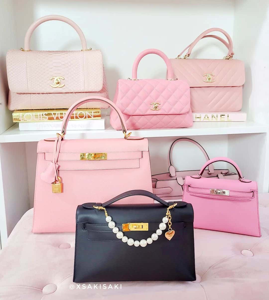 Pink Chanel Bags and Black Hermes Kelly Bag