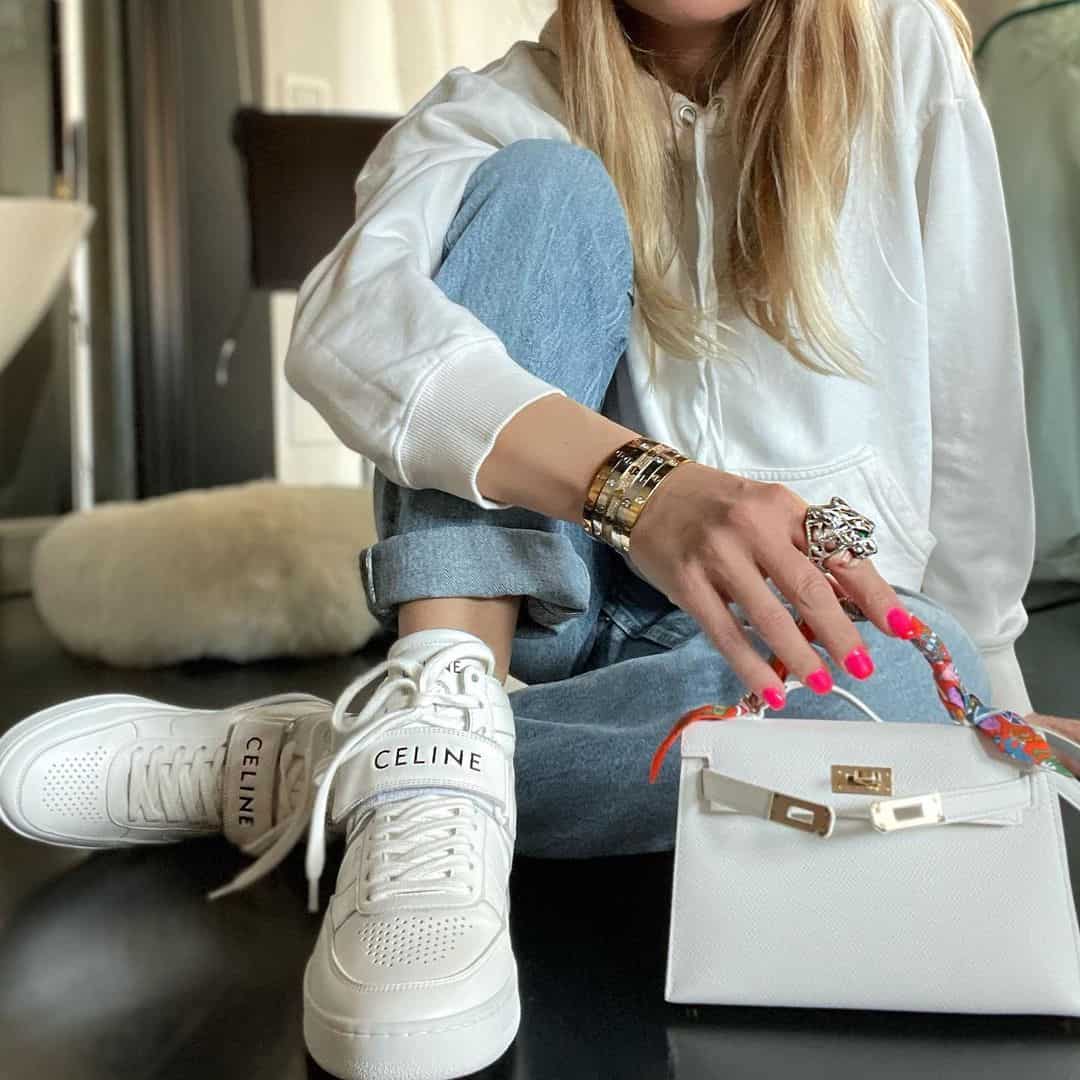 Celine white sneakers and white kelly bag