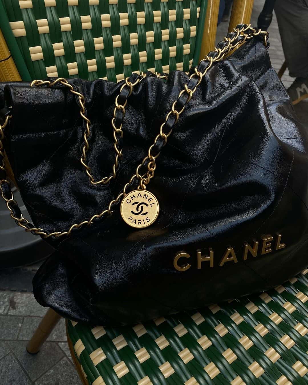 Closeup of the Black Chanel 22 bag