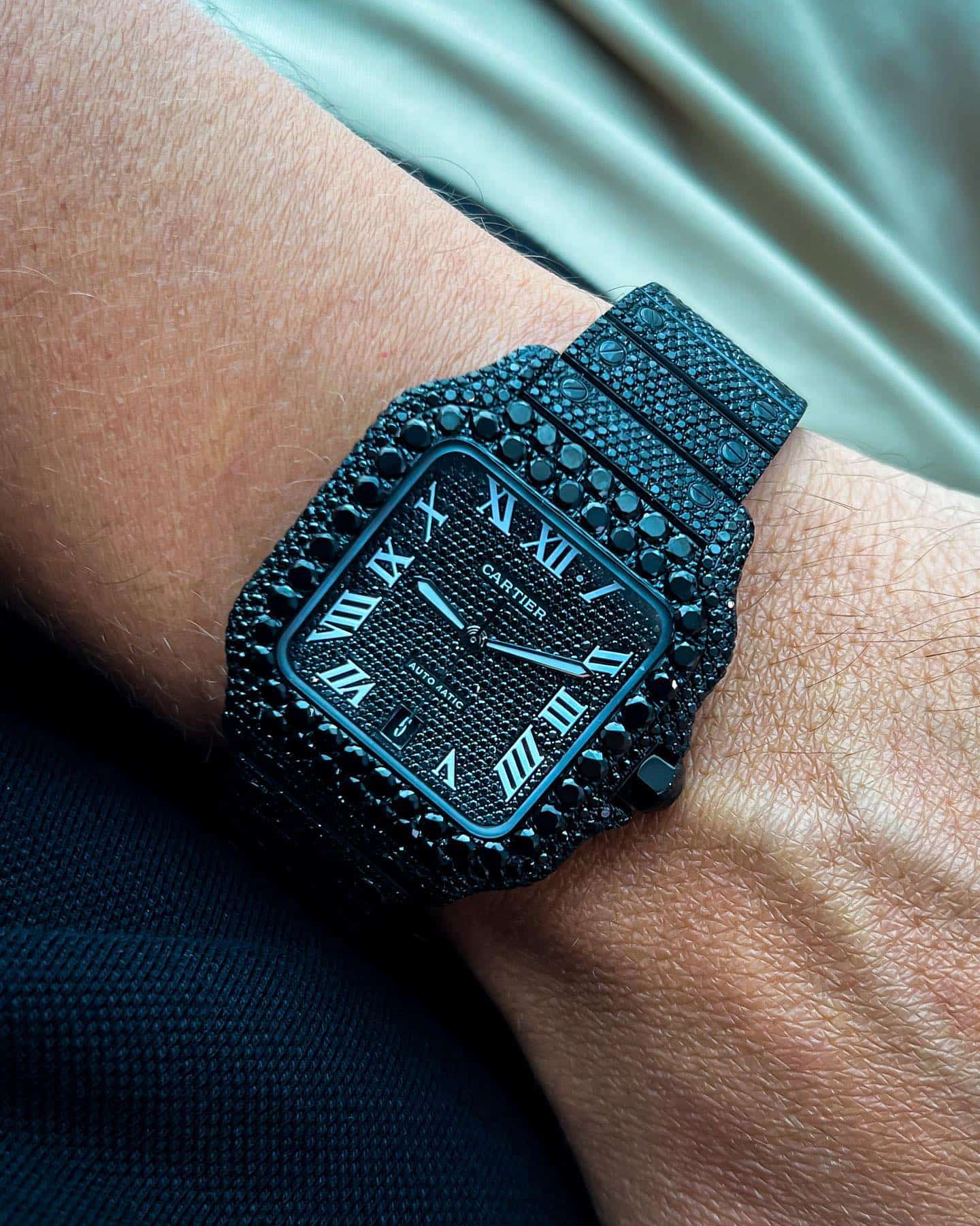 One of a kind iced out matte black diamonds Cartier Watch