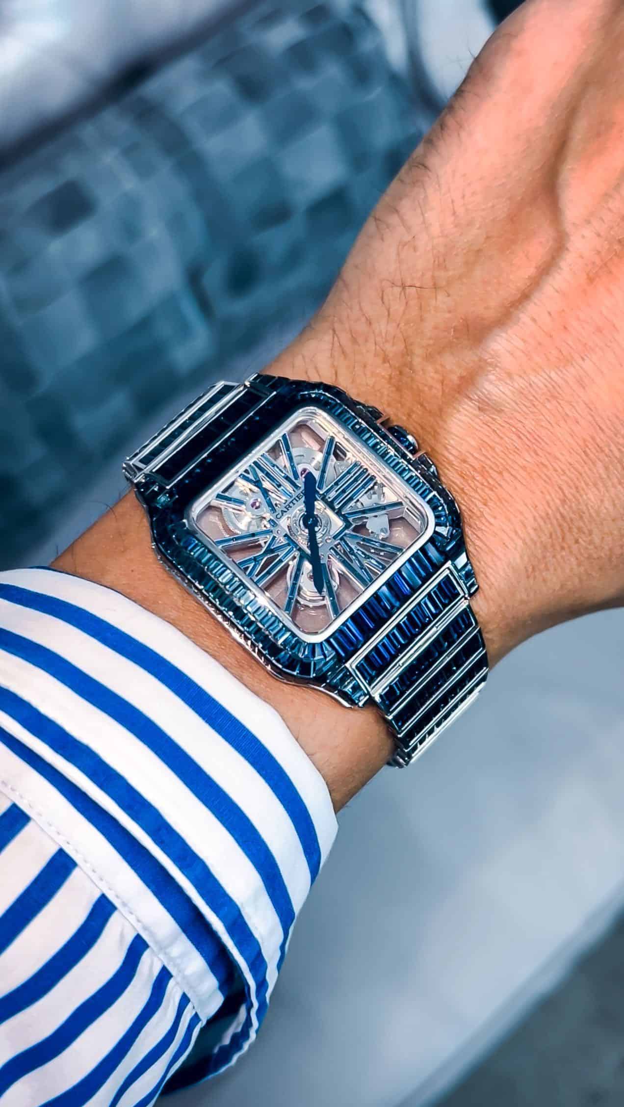 One of a Kind Custom Cartier Santos Watch with Blue Baguettes