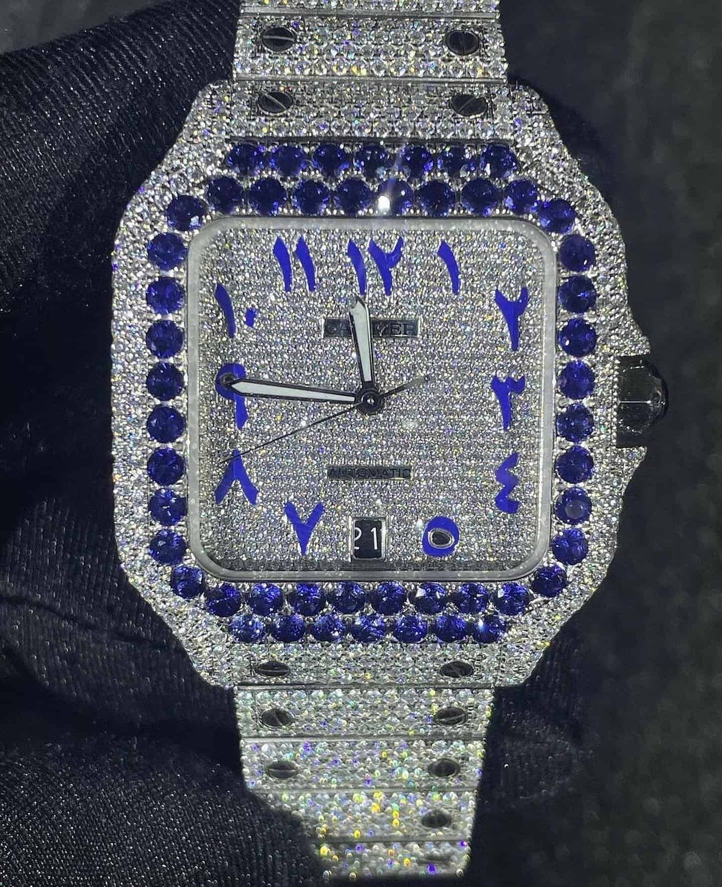 Blue Sapphires and Diamond Iced out Cartier Watch