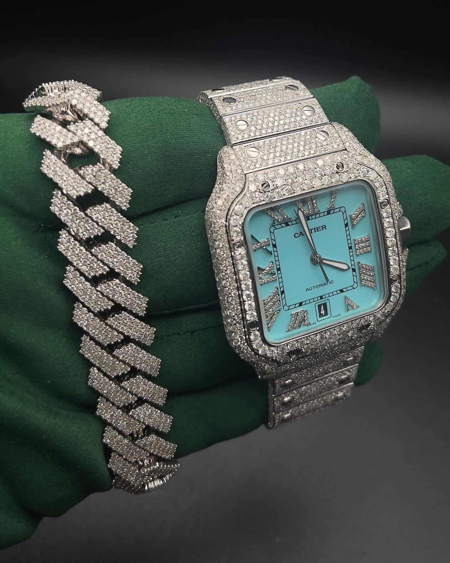 Light Blue Custom Diamond Watch from Cartier