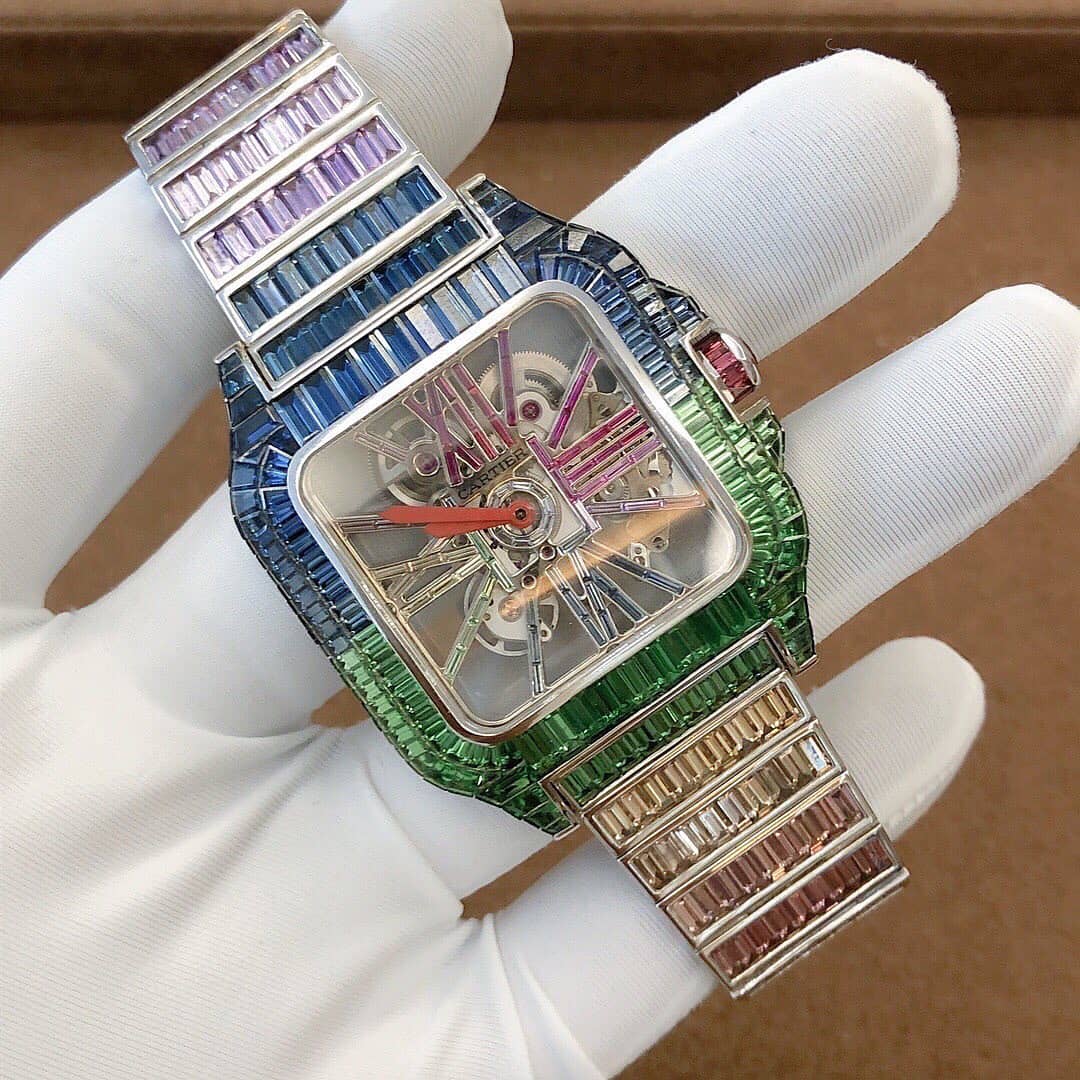 Rare Custom Rainbow colored Cartier Diamond Watch