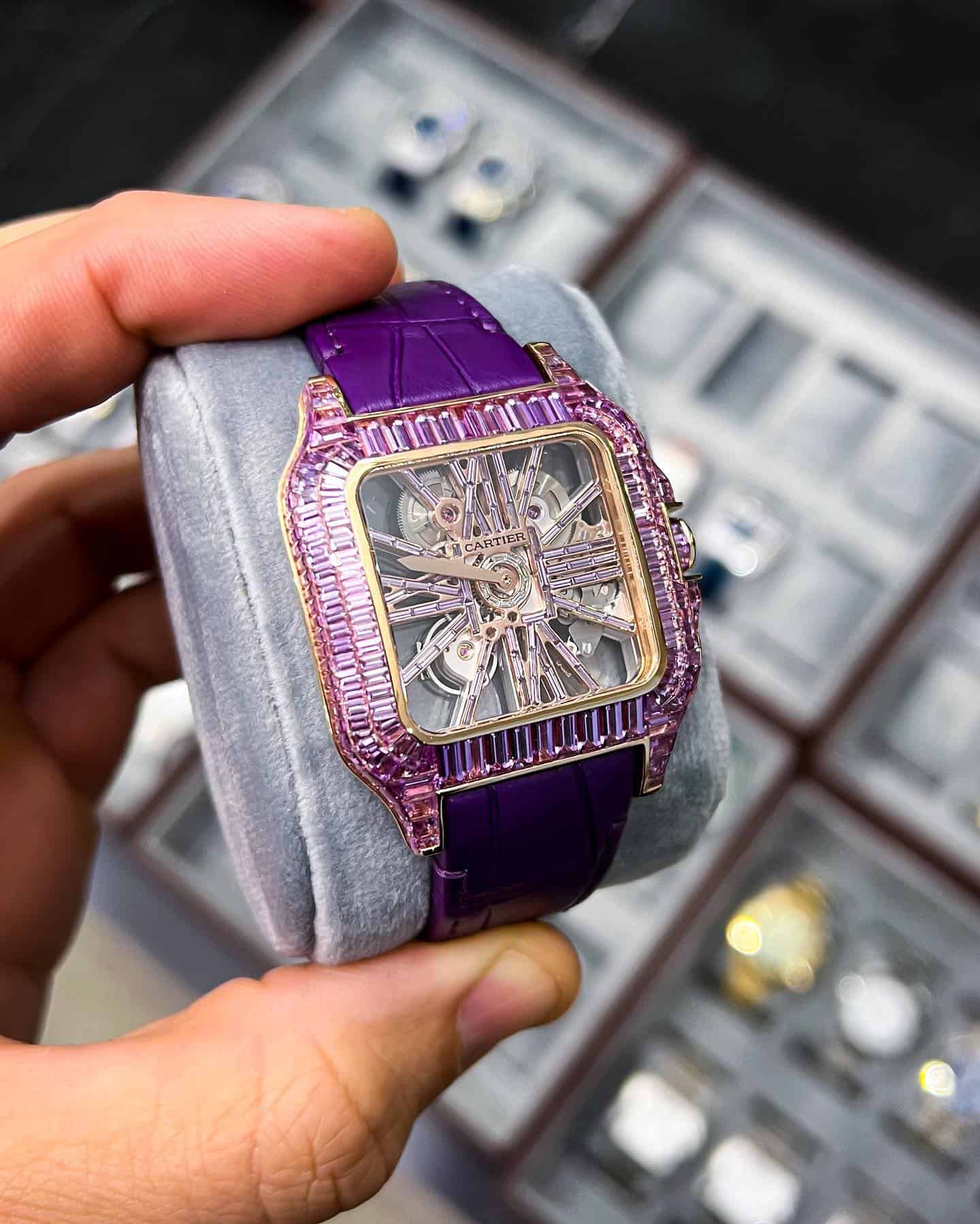 Unique Purple baguettes on a Cartier Watch