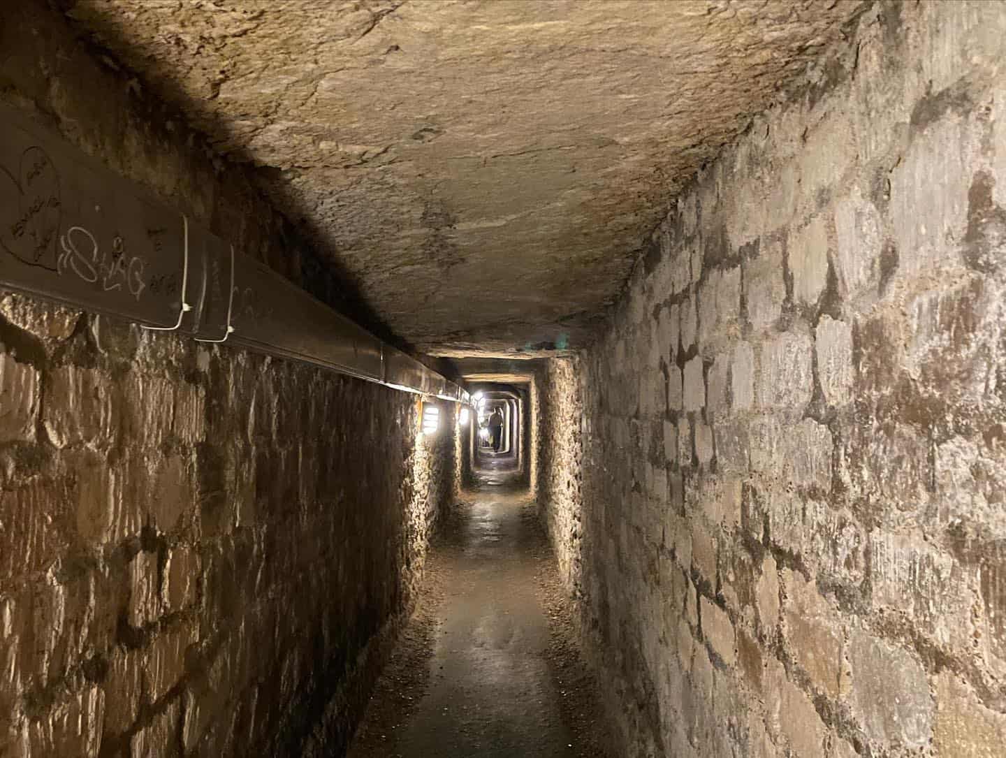 Narrow passage ways at the Catacombs in Paris